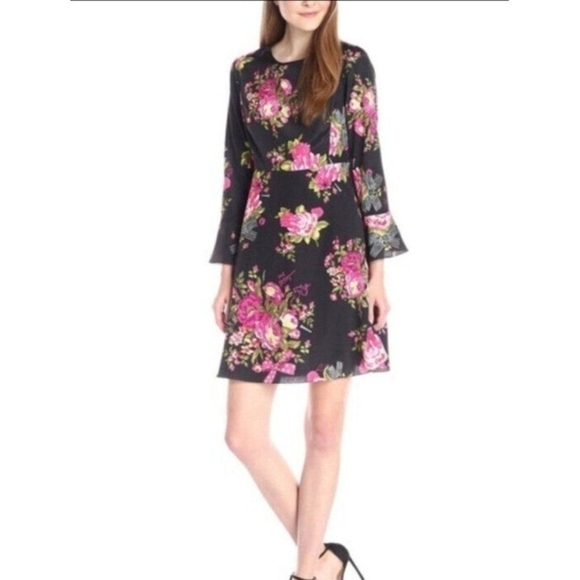 Betsey Johnson Black Floral Bell Sleeve Dress - Size 2 - Picture 2 of 11